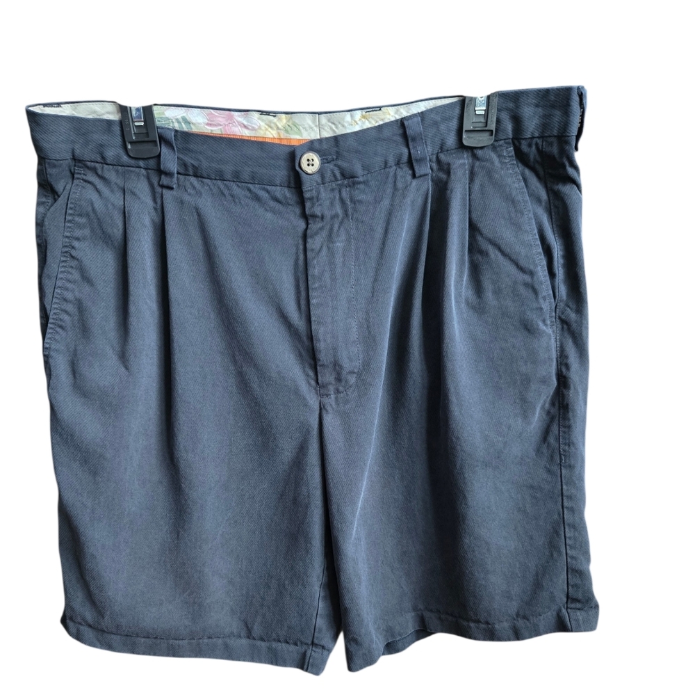 Tommy Bahama Navy Silk Cotton Pleated Shorts 34